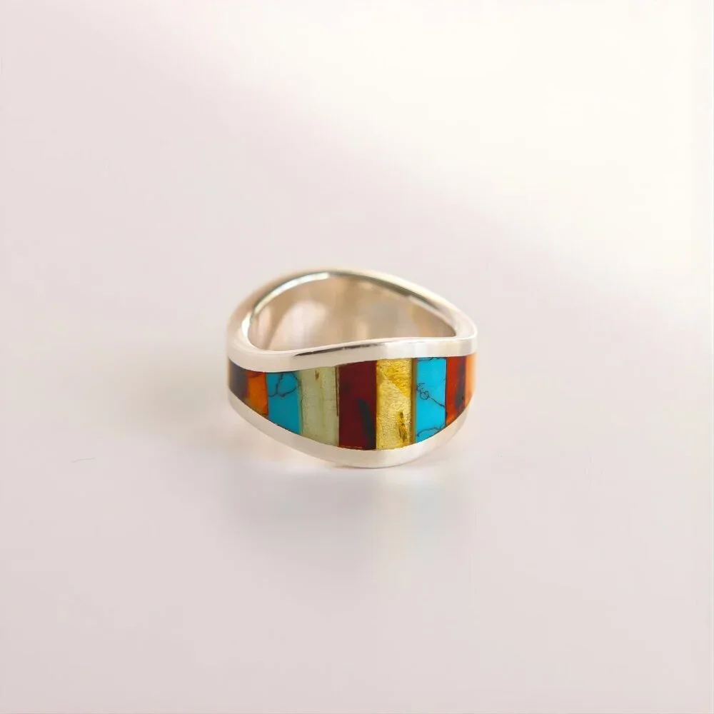 Baltic Amber and Turquoise Mosaic Ring in Sterling Silver